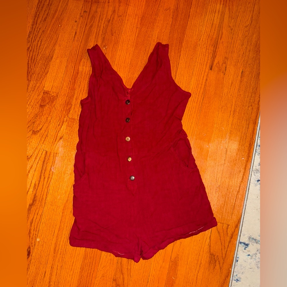 Maroon Button-Front Romper with Pockets
